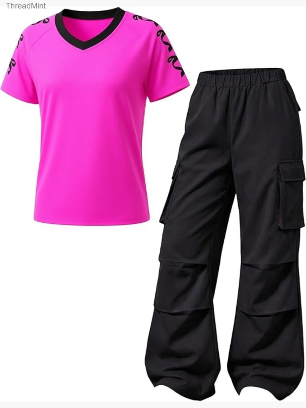Girls 2-Piece Outfit: V-Neck Top & Cargo Pants, Trendy Casual Set 6-14Y